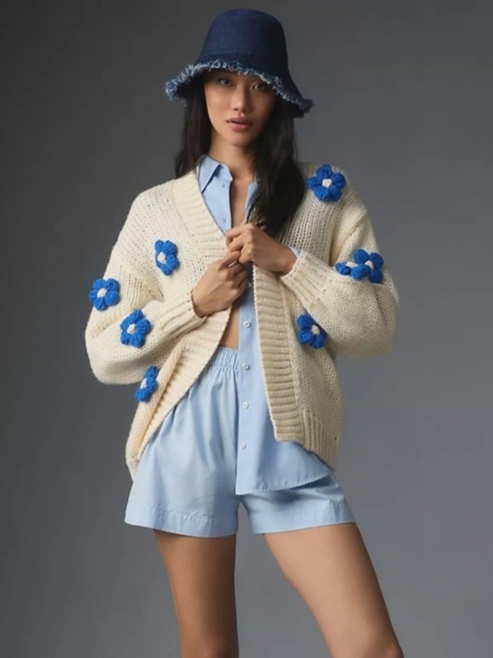 Anthropologie Maeve Susannah 3D Flower Cardigan Cream Blue One Size